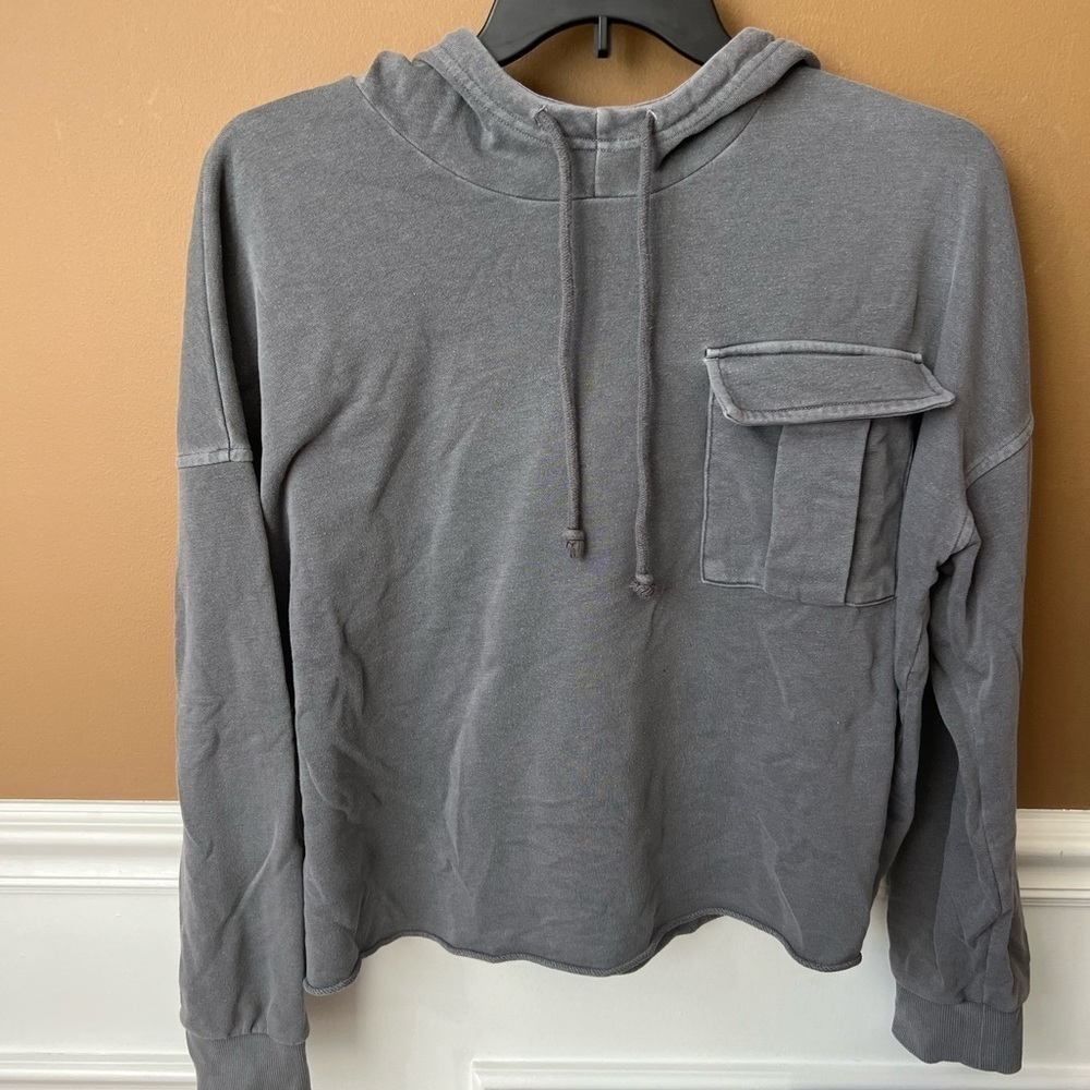 Women’s Gray Cropped Hoodie Burnout Sweatshirt Size Large Athleisure Loungewear
